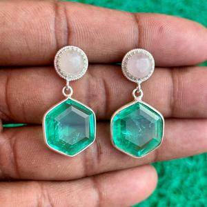 Handmade Green <b>Emerald</b> and Rose Quartz <b>Earrings</b> 925 Sterling Silver Hexagon Cut Dangle Jewelry for Women - Product Image 5