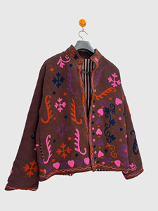 Veste en laine brodée pour femmes grandes tailles, col mandarin, manches longues, motif floral, vêtements d'hiver, style Prairie Chic - Product Image 3