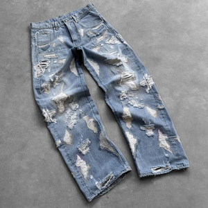 Jeans baggy pour homme, fermeture à boutons, broderie usée, écologique - Product Image 4