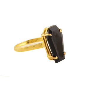 Top Vente 10x17mm Naturel Noir Onyx Gemme Minimaliste Plaqué Or 925 En Argent Sterling Cercueil Forme Anneau pour Femmes Prong - Product Image 2