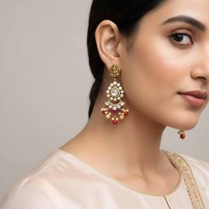 925 Sterling Silver Temple Kundan <b>Drop</b> <b>Earrings</b> Handcrafted Indian <b>Bridal</b> Jewelry Traditional Festive Statement <b>Earrings</b> - Product Image 1