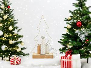 Decoración de árbol de Navidad moderna de metal negro sobre base de madera para un elegante acento de vacaciones y vibraciones festivas minimalistas - Product Image 4