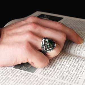 Vente en gros d'anneaux pour hommes Azuris VALKH1180 en argent sterling 925 de style ottoman avec pierre naturelle agate, fabriqués à la main en Turquie - Product Image 2