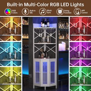Mueble Bar Esquinero Industrial con Luces LED, Puertas de Vidrio Acanalado, Mueble Bar de Madera con Estante para Licores y Vinos para el Hogar DR534 - Product Image 6