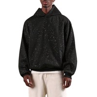 Sudadera con Capucha Negra Extra Grande Unisex Personalizada, Estilo Urbano, con Estampado de Diamantes de Imitación en Toda la Superficie, Bolsillo Bordado, Ecológica, para Invierno
