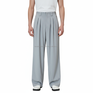 Pantalones de Vestir Elegantes de Lona de Cintura Alta y Pierna Ancha - Pantalones de Hombre Sofisticados con Pliegues Profundos - Product Image 1