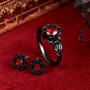 Ensemble bague et boucles d'oreilles vintage gothique noir avec perle de lotus et diamant en laiton plaqué or - Product Image 2
