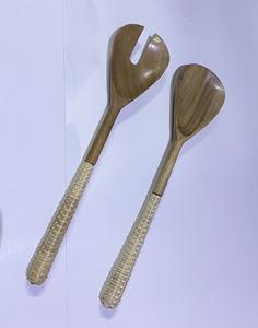 Designer Acacia Wood <b>Salad</b> Server Set With Woven Rattan Handle Organic Eco Friendly Wooden <b>Salad</b> <b>Spoon</b> Set Kitchenware Cutlery - Product Image 4