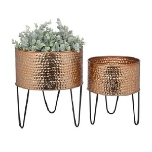 SET of 2 Hammered Planter Pot for Home Garden Decoration Copper Plated Metal Iron Flower Pot and Planter With Stand - Product Image 1