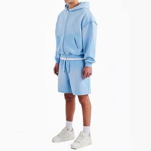 Ensemble short en coton mélangé personnalisé Basics pour hommes, sweat à capuche coupe carrée avec jorts délavés au soleil, design streetwear imprimé et élégant - Product Image 2