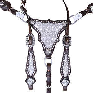 Premium Western Horse Tack Sets Silver Glitter inlay Decorado Cuero Headstall y Gladiator Breast Collar OEM Fabricante - Product Image 2