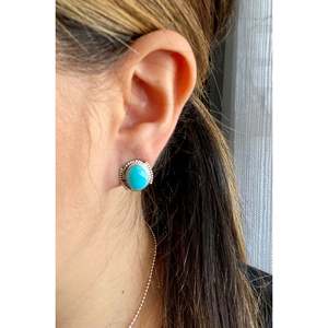 Navajo Kingman Turquoise & <b>Sterling</b> <b>Silver</b> <b>Stud</b> Earrings Bezel Set in Laid-Back Style - Product Image 2