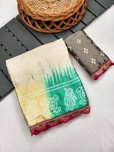 Saree étnico con estampado Bandhej colorido con borde bordado tradicional fiesta de boda Diwali Festival desgaste para graduación temporada de invierno - Product Image 5