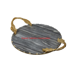 Bandeja de servicio de mármol natural gris de lujo con asas de rama de oro esculpidas Bandeja de mesa de centro decorativa elegante para el hogar y el hotel - Product Image 5