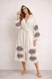 Bata de Baño con Capucha 100% Algodón Muselina para Mujer, Ligera, Estilo Spa, Kimono Boho de Playa, Bata Suave de Muselina Turca - Product Image 2