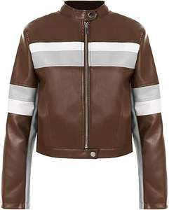 Chaqueta de motorista recortada de invierno para mujer, bombardero de piel sintética de piel de oveja con cierre de cremallera transpirable, método de tejido no tejido - Product Image 1