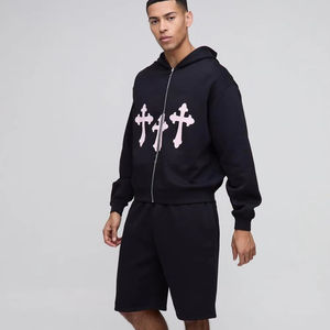 Ropa de calle Pantalones cortos de verano y conjuntos de sudadera con cremallera Logotipo de serigrafía 100% algodón de gran tamaño Heavyweight Twin Set para hombres - Product Image 1