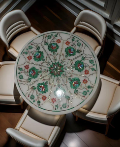 Table basse en marbre blanc avec incrustation de malachite, table ronde en pierre dure faite à la main, art floral en pierres précieuses - Product Image 2