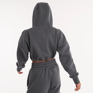 Sudadera con capucha corta para mujer, 100% algodón, manga larga, jersey de invierno, con logo personalizado, cuello con capucha, top informal de moda para mujer - Product Image 3