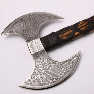 Double-Head Damascus Steel <b>Axe</b> with Wooden Handle <b>Viking</b> Camping <b>Axe</b> - Product Image 5