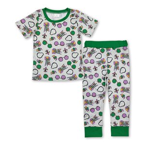 Pyjamas pour enfants garçons à manches courtes vertes OEM/ODM/RTS, vêtements de boutique pour enfants, ensembles de vêtements pour bébés garçons, tenues de Mardi Gras. - Product Image 2