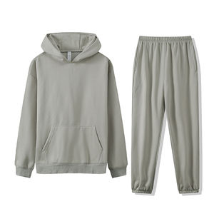 Dos piezas deporte gimnasio algodón pulóver Joggers pantalones de chándal liso de gran tamaño de los hombres sudaderas con capucha conjunto de chándales - Product Image 4