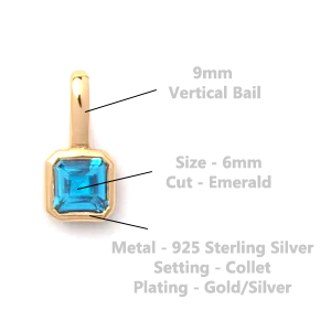 Aguamarina Esmeralda Corte 6mm Octágono Colgante Oro Vermeil Plata de ley con Rodio Chapado Piedra DE NACIMIENTO sólida Charm Collet - Product Image 3
