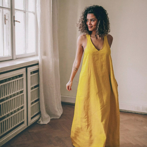 Robe Maxi en lin pour femmes été décontracté col en v avec décoration en dentelle poches minimalistes taille naturelle teint uni - Product Image 1