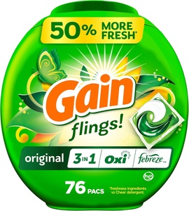 ผงซักฟอกแบบเม็ด Gain Flings 76 เม็ด กลิ่นออริจินัล พร้อมคุณสมบัติป้องกันกลิ่น ผงซักฟอกเข้มข้น - Product Image 1