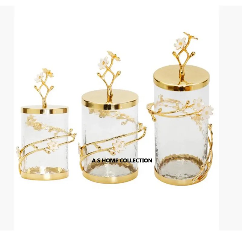 Indah warna emas bunga desain logam dekoratif dipalu kaca penyimpanan makanan set kaleng dapur 3 dengan tutup bunga