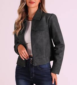 Top femme tendance personnalisé automne hiver veste en cuir solide col tournant manches longues respirant doublure en Satin teint uni - Product Image 2