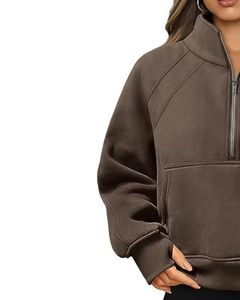 Women <b>Brown</b> Half Zip <b>Fleece</b> Hoodie Warm Oversized Pullover With Kangaroo Pocket Casual Winter Sweatshirt Streetwear - Product Image 2