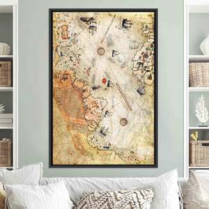 Elegant Piri Reis Antique Map Print Canvas Artwork, Flat Design,BLACK <b>FRAMED</b> CANVAS - Product Image 1