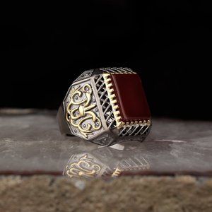 Nouveauté, bague pour homme en argent sterling 925 de style ottoman, finition bicolore or rhodié, RCEGYT-093, fabriqué en Turquie - Product Image 1