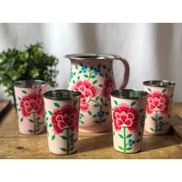 En promotion : Ensemble de gourdes isothermes portables personnalisables en acier inoxydable/émail, motif floral rose peint à la main, écologiques, 1 L, style vintage, Inde
