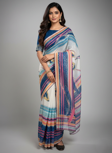 Sari en coton indien de designer, orné de broderies codées, de travail Butta et de bordures ajourées élégantes, style Bollywood pour les fêtes - Product Image 2