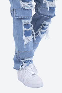 Custom High Quality Blue <b>Men's</b> <b>Pants</b> Vintage Punk Style Flare Jeans Stacked Patchwork Distressed <b>White</b> Wash Mid Waist Logo - Product Image 5