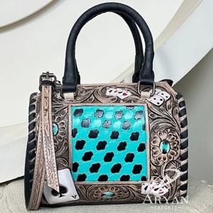 Petit sac Speedy en cuir de vache travaillé à la main, sac à main western avec motif de cartes à jouer, sacs de voyage de haute qualité pour femmes - Product Image 1