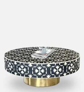 Mesa de centro floral con incrustaciones de hueso redondo con base de metal Centro de mesa de sala de estar hecho a mano en estilo bohemio elegante - Product Image 2