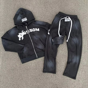 Survêtement personnalisé à fermeture éclair vintage délavé à l'acide coupe ample 100% coton imprimé bouffant pantalon de survêtement lourd - Product Image 1