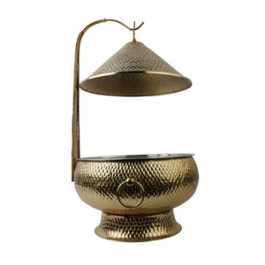 Plat de service rond de luxe en acier inoxydable avec accents dorés pour buffet, chauffe-plats, finition argent et or - Product Image 5