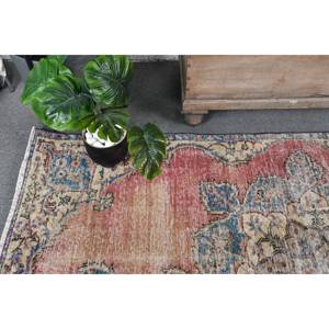 Vintage Turkish Rug 4.7 X 8 ft <b>Red</b> Blue Patchwork Design Large Boho Area Rug for Hallway Bedroom Wool <b>Material</b> Latex Backing - Product Image 5