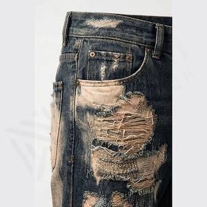 Jeans slim pour homme de haute qualité, denim, patch au genou, coupe droite, taille haute, délavé clair, super couture, couleur personnalisée - Product Image 5