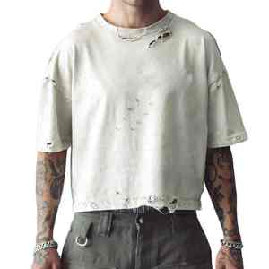 Logo personnalisé Streetwear lourd T-shirt vintage lavé blanc T-shirt court surdimensionné en détresse - Product Image 4