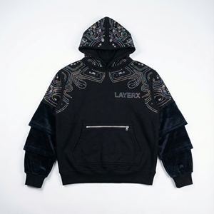 Sudadera con Capucha para Hombre, Venta al Por Mayor 2026, 500gsm, Algodón French Terry, Panel de Terciopelo con Pedrería, Corte Cuadrado, Bordada - Product Image 1