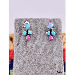 Southwest Style Cotton Candy Turquoise & Sterling <b>Silver</b> <b>Stud</b> Earrings Bezel Setting Flower Pattern Post Earrings - Product Image 1