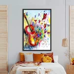 Toile imprimée élégante avec motif abstrait de papillon et de violon pour la décoration de la maison, encadrée en noir - Product Image 1