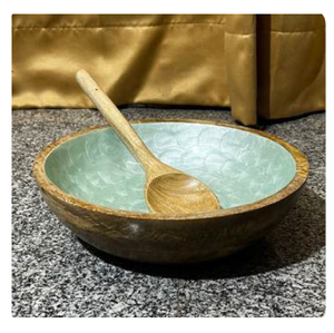 Bol à salade classique profond en résine époxy Bondtite écologique et durable, 7x3 pouces, avec cuillère et fourchette en bois de manguier poli - Product Image 2