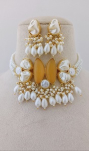 Ensemble de collier ras de cou en perles Aqua Nazaakat Chaîne en bambou plaqué or de haute qualité Mini perle avec pompon en laiton lourd - Product Image 6