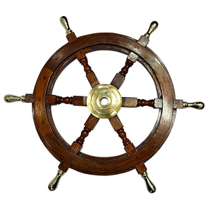 Décoration murale artisanale en bois nautique roue de bateau en métal poli naturel roue de bateau de direction intérieure écologique décor à la maison - Product Image 1